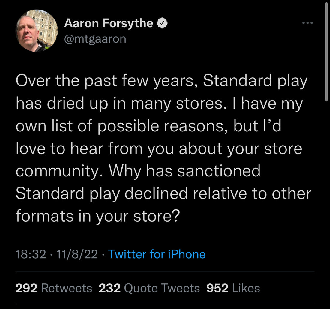 Magic R&D head Aaron Forsythe asks Twitter users why Standard has fallen off at their local stores