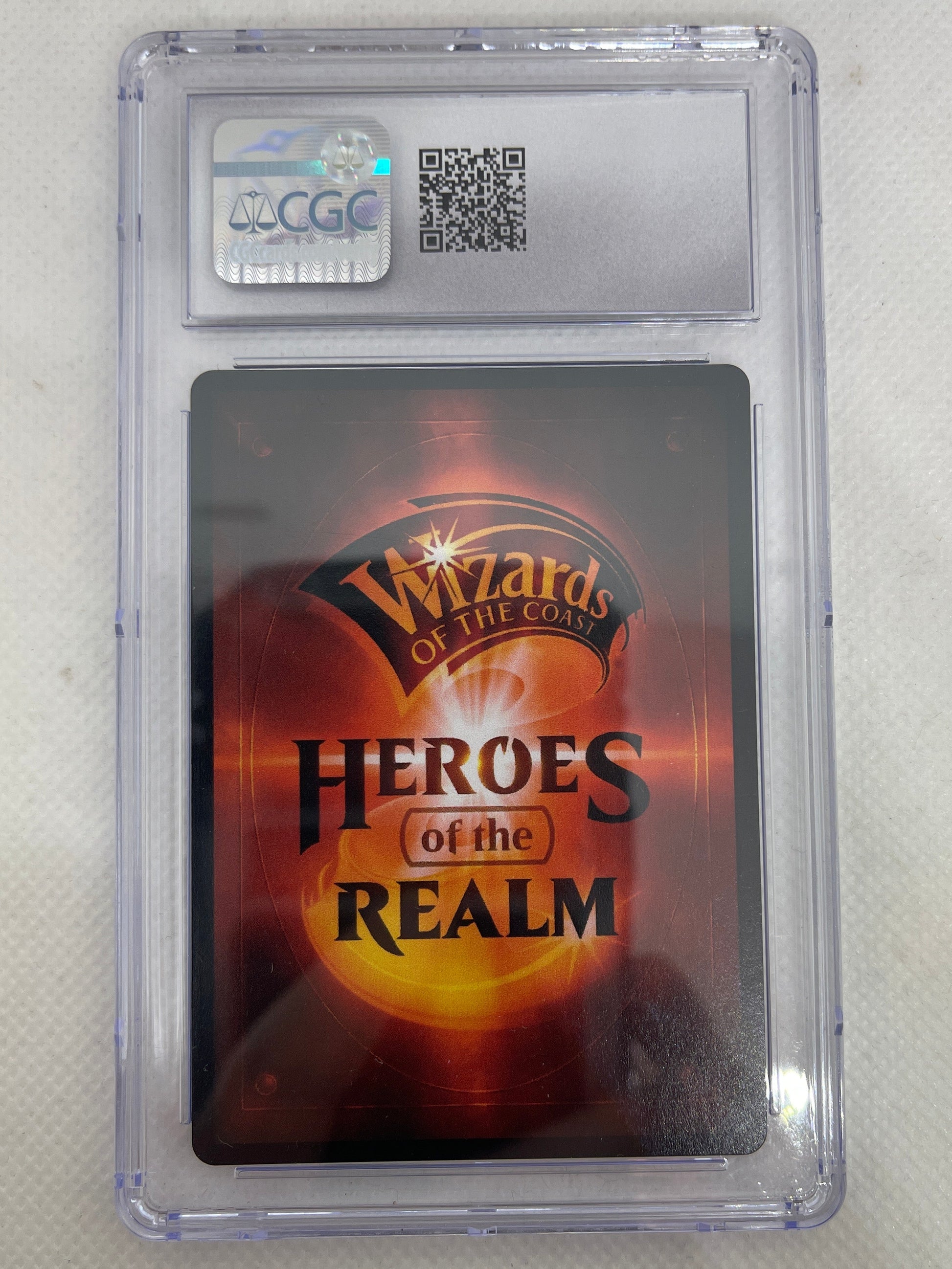 Card from 'Heroes of the Realm' set in a protective case on a light gray background