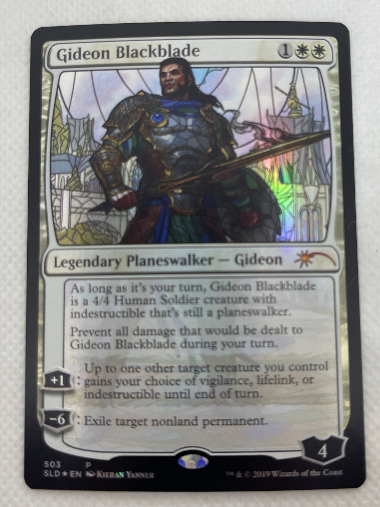 Trading card featuring a character with text and graphics on a white background