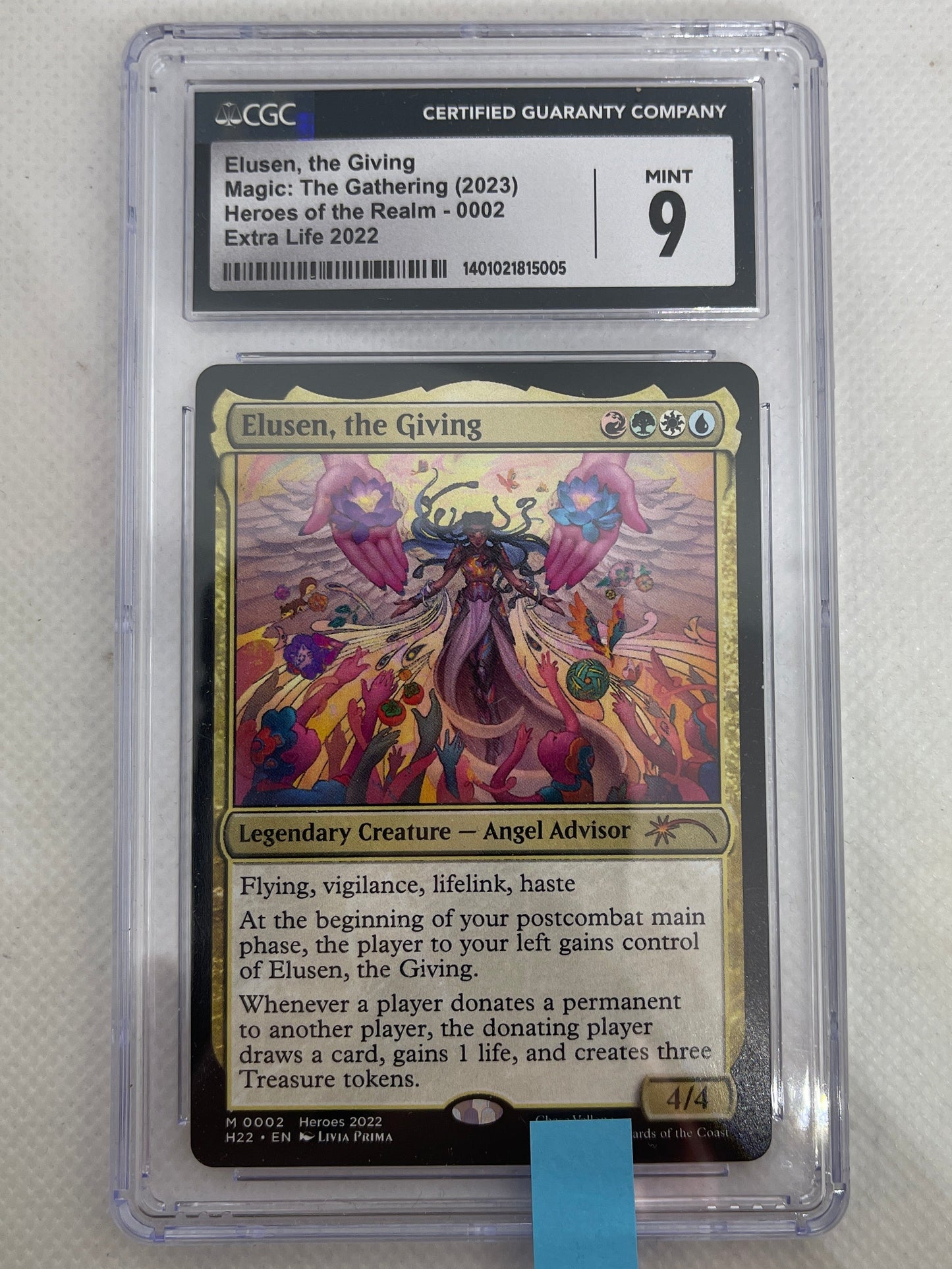 Trading card in a protective case on a light gray background