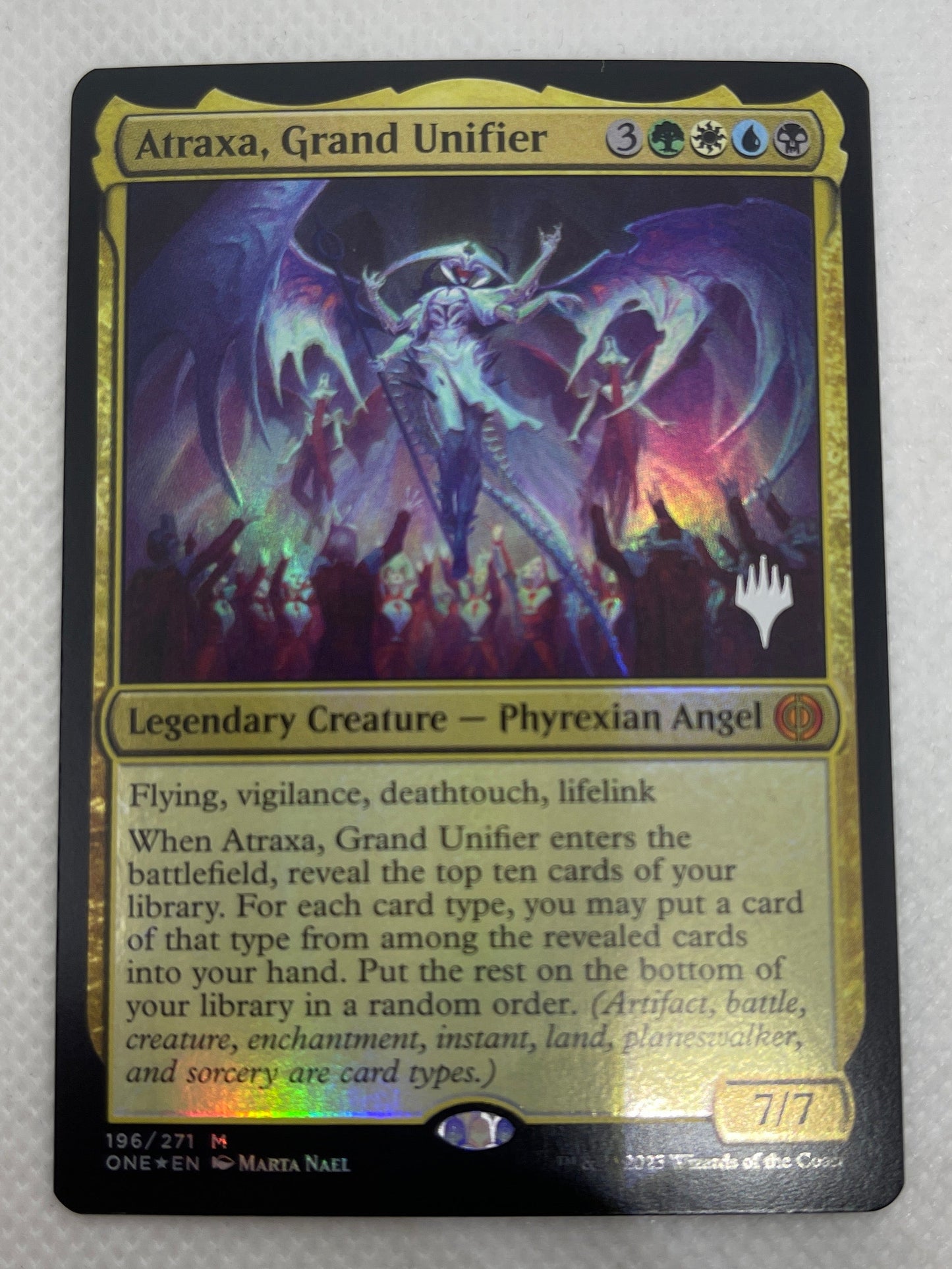 Trading card with colorful artwork and text on a white background