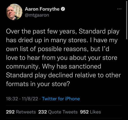 Magic R&D head Aaron Forsythe asks Twitter users why Standard has fallen off at their local stores
