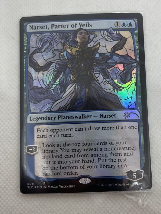 Trading card with a character illustration on a white surface