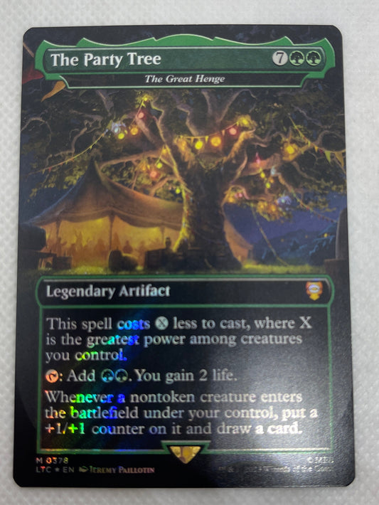 Trading card featuring a tree with glowing lights on a gray background