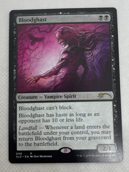 Card with purple artwork and text on a white background