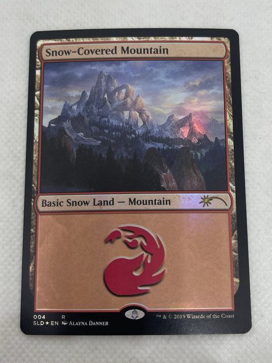 Trading card with mountain landscape and red symbol on a white background
