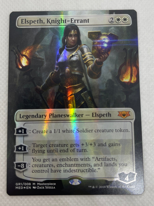 Trading card with character illustration and text on a gray background