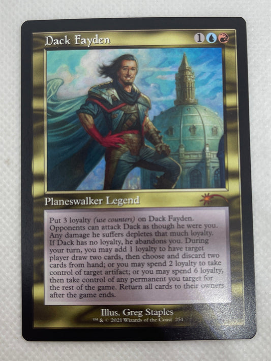 Trading card featuring a character with a castle in the background on a white surface