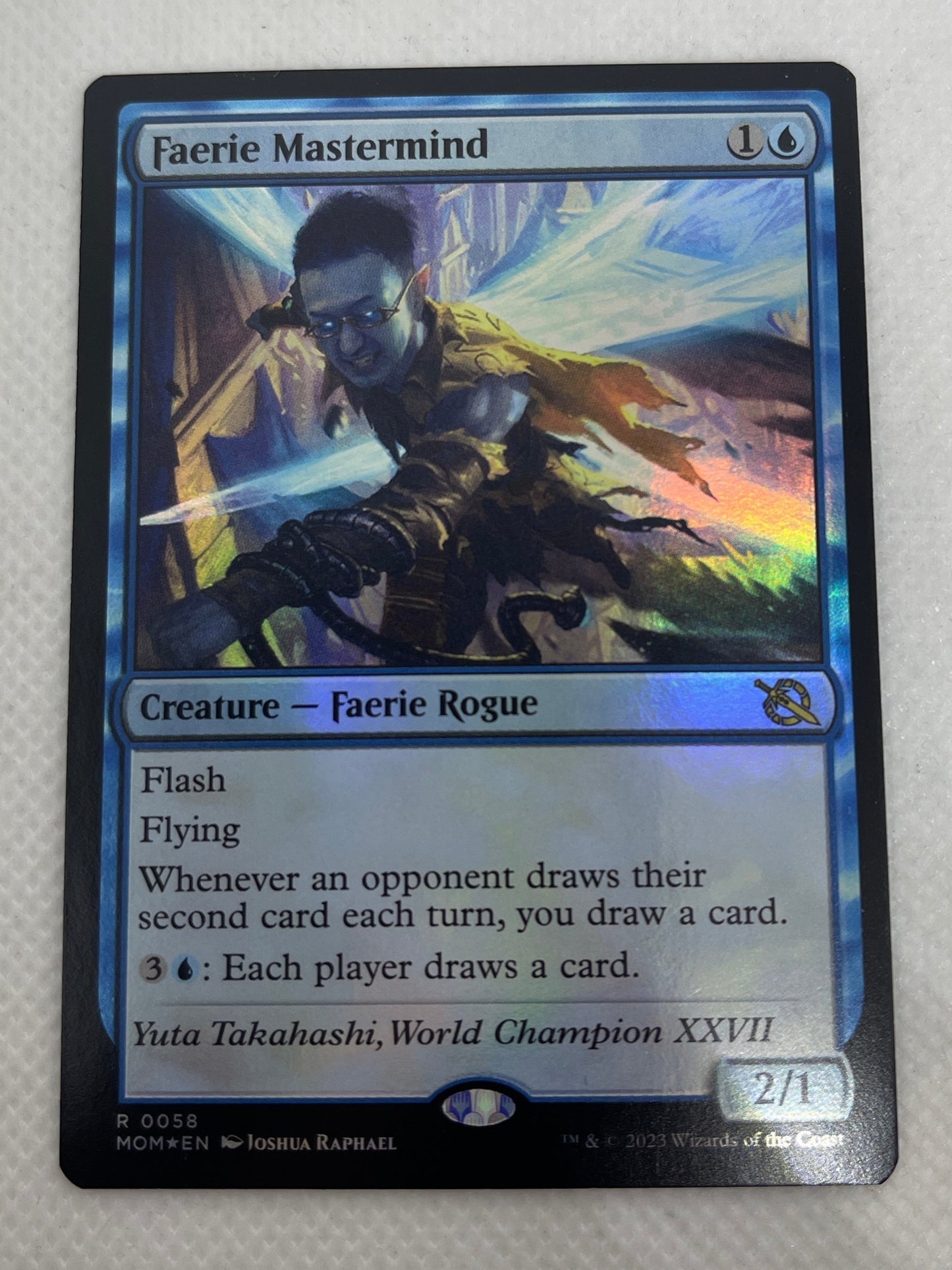 Trading card with colorful artwork on a white background