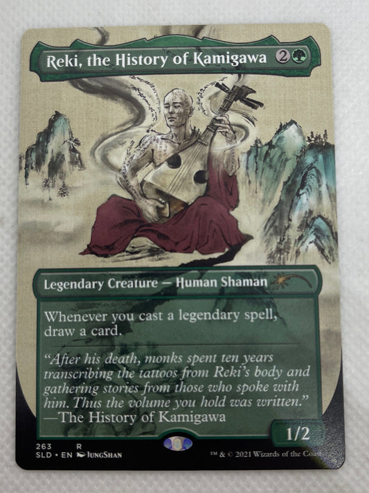 Trading card with artwork and text on a white surface