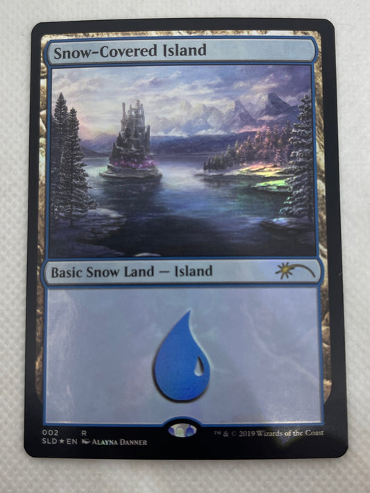 Trading card featuring a snowy landscape on a white background