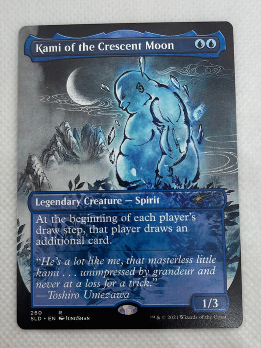 Card with blue and black design on a gray background